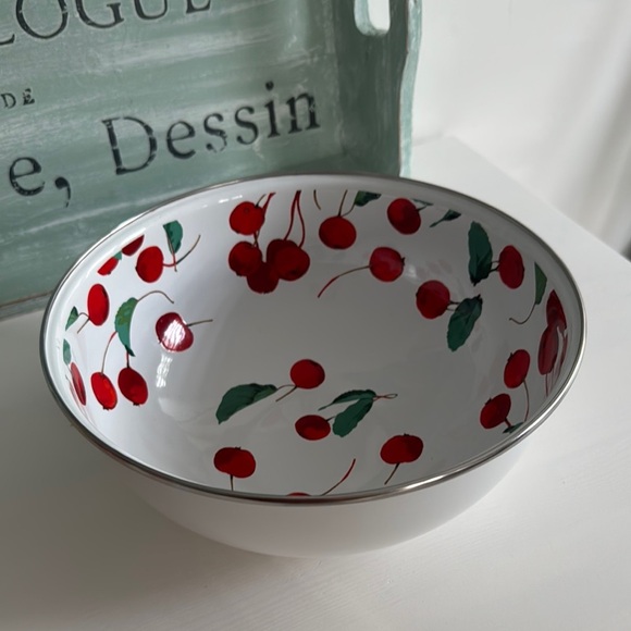 Pottery Barn Large Enamel Cherry Design Serving Bowl - Picture 1 of 5